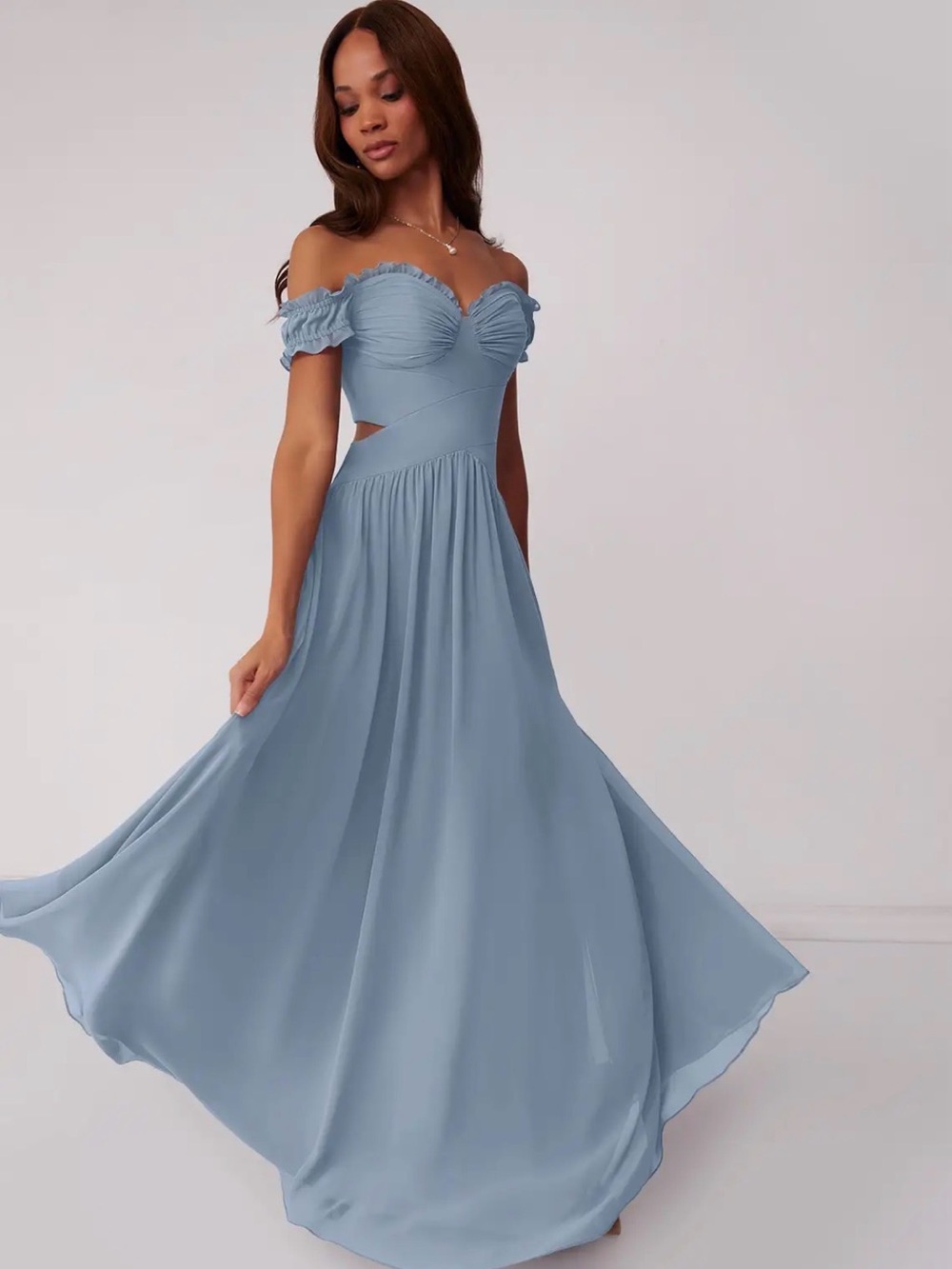 Women's Azazie Dusty Blue Off-Shoulder Barbie Chiffon Evening Dress